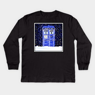 Blue Police Box With Christmas Lights Snow and Stars Kids Long Sleeve T-Shirt